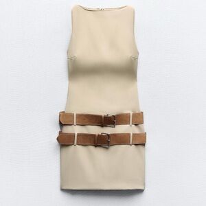 Zara Tan Sleeveless Dress with Brown Belts